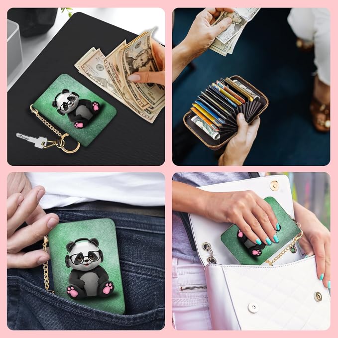 Blusabaca RFID Credit Card Holder Small Women Travel Wallet, Cute Panda | Removable Keychain, Case with Zipper, Vegan PU Leather, Cash Coin Pocket, Business Accordion Purse, Ladies Female Gift