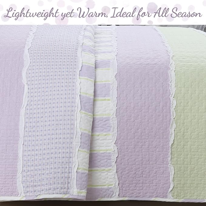 Cozy Line Lavender Green Stripe & Purple Dots Quilt Set – 3-Piece 100% Cotton Reversible All-Season Bedspread with Shams, Girls Kids Bedroom Décor, Queen