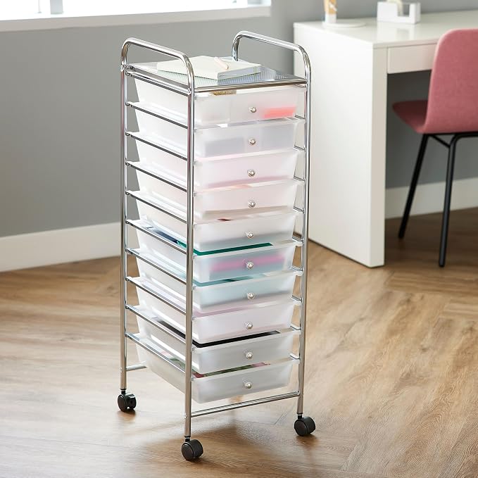 Simply Tidy 10 Drawer Clear Rolling Cart - Mobile Organizer with Removable Drawers, Swivel & Locking Casters, Durable Tubular Frame - 1 Set