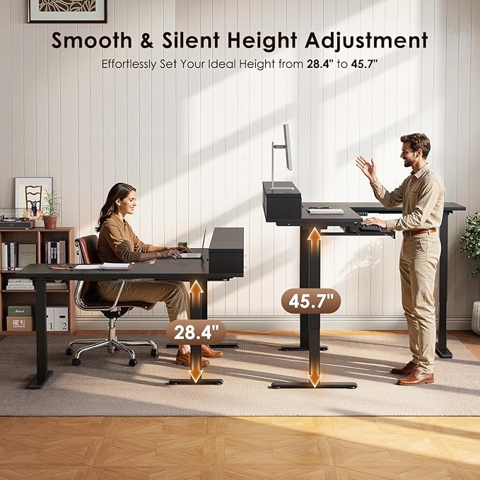 OffiGo 59 Inch L Shaped Electric Standing Desk with Drawers, Black | Monitor Stand, Keyboard Tray, Fabric Drawer, Power Outlets, Height Adjustable Corner Stand Up Desk for Organized Home Office