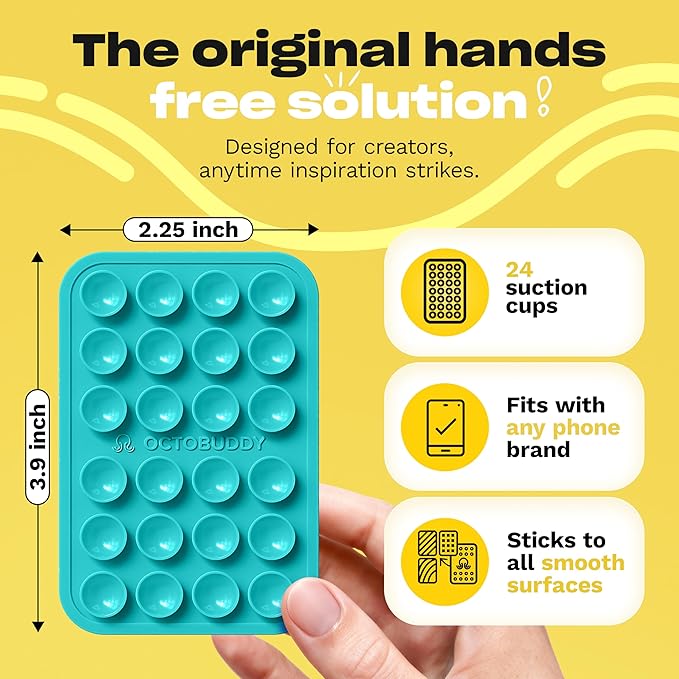 OCTOBUDDY Classic - Silicone Suction Phone Case Adhesive Mount - Hands-Free, Strong Grip Holder for Selfies & Videos - iPhone & Android Compatible - 2.25″ x 3.25″, Turquoise