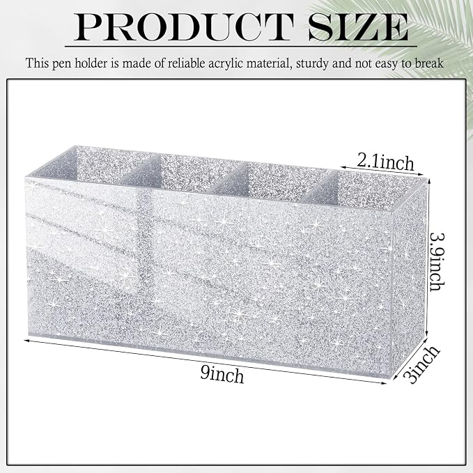 Jetec Acrylic Glitter Silver Pen Holder 4 Compartments Bling Makeup Brush Stationery Organizer Pencil Holder for Desk Accessories Sparkly Gifts for Women Back to School Birthday Desktop Office