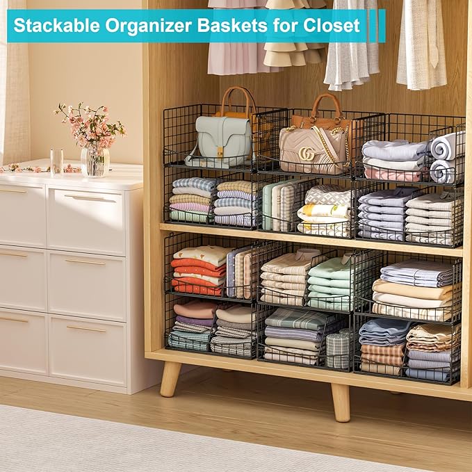 Hongtamoya 4-Tier Closet Organizers and Storage Shelves with Divider, Stackable Closet Shelf Organizer Basket Bins, Clothing Sweaters Storage Container for Wardrobe Cupboard, Black