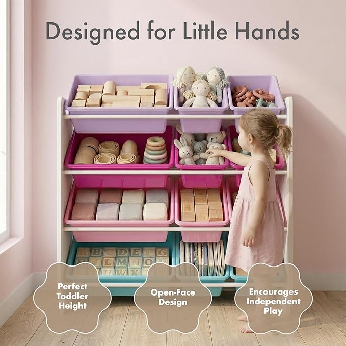 Humble Crew Toy Storage Organizer with 12 Removable Storage Bins for Kids Playroom, 4-Tier Toddler Toy Organization and Storage, White/Pink/Purple/Turquoise