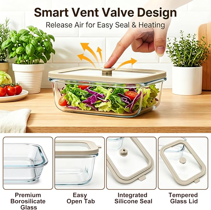 21 oz Glass Meal Prep Containers with Glass Lids, 6 Pack Plastic Free Glass Food Storage Containers, Airtight Glass Lunch Containers For Leftovers, Microwave, Oven, Freezer
