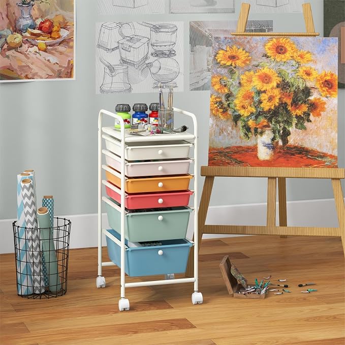 DREAMADE Rolling Cart With Storage Drawers, Utility Cart With Removable Plastic Drawers, Lockable Wheels for Classroom Organization, Art Supplies, Office, Scrapbook (6 Drawers, Macaron)