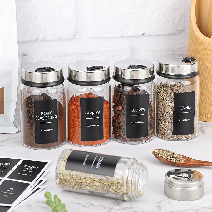 Segarty Spice Labels, 316 Pcs Square Black Preprinted Pantry Label and Blank Stickers with 1 Chalk Marker, Removable Write On Sticker for Food Container, Condiment Jars, Seasoning Bottle