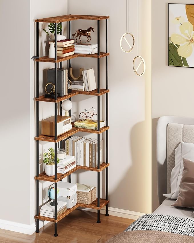 HIGDBFE 6-Tier L-Shaped Corner Bookshelf, 67" Tall Modern Corner Shelf | L-Shape Corner Fits Living Room, Bedroom, or Home Office Corners, Open Shelves, Display Rack for Books, Plants, and More
