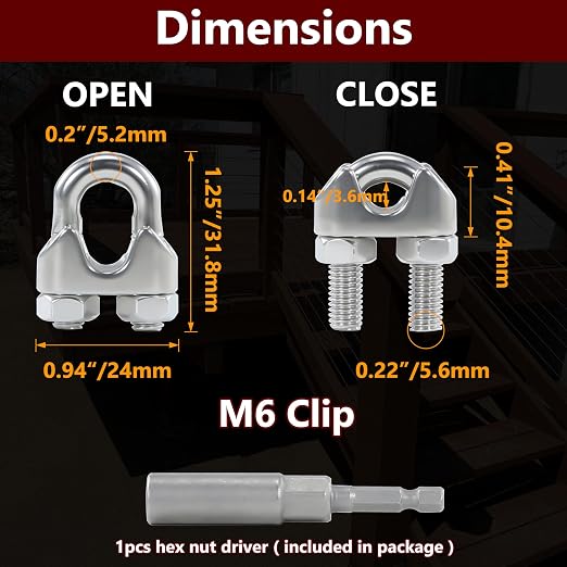 10Pcs M6 1/4 Inches Stainless Steel Wire Rope Clips Cable Clamp