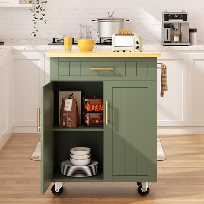 SUNLEI Rolling Kitchen Island Cart with Storage & Drawer – 26" Portable Kitchen Cart with Lockable Wheels, Towel Rack & Open Shelves for Kitchen, Dining Room, Living Room(Green)