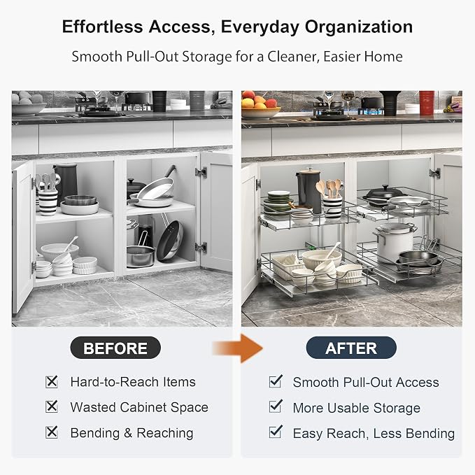 Pull Out Shelves - 20" W x 22" D Soft Close Pull Out Cabinet Organizer 1 Tier - Sliding Shelves with Shelf Liner - Heavy Duty Steel Wire Drawers for Kitchen Cabinets, Pantry, Bathroom