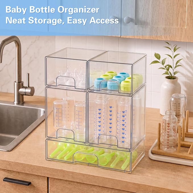 Baby Bottle Organizer, 5 Pack Clear Acrylic Stackable Storage Drawers, Baby Bottle Storage Organizer for Countertop, Nursery, Vanity & Cabinet