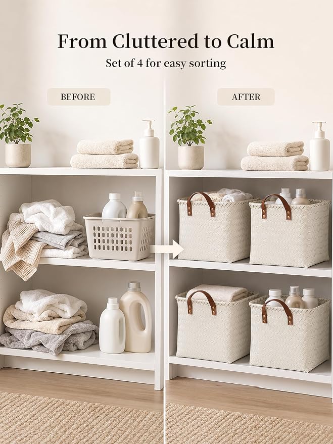 Hand Woven Baskets for Storage, 4Pcs Water-Resistant Wicker Baskets, White Wicker Storage Baskets for Shelves, Large Basket with Handle for Organizing, Clothes, Laundry, Blanket - Square