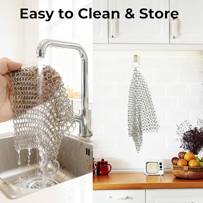 AMAGABELI GARDEN & HOME 8” x 8” 316 Stainless Steel Cast Iron Cleaner Chainmail Scrubber for Cast Iron Pan Skillet Cleaner for Dishes Glass Pre-Seasoned Cast Iron Pot Seasoning Protection BG262