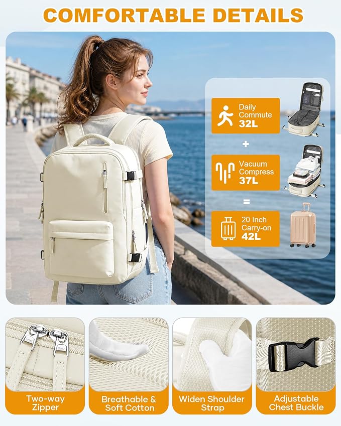 WONHOX Vacuum Seal Backpack for Travel with Air Pump 18x14x8 inches Vacpack Carry on Flight Approved Compression Daypack Laptop Space Saver Bag Storage with Vacuum System Travel Bags Women Beige