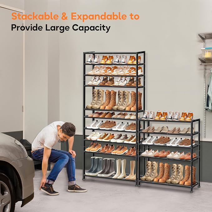KEETDY 5-Tier Heavy Duty Shoe Rack for Garage Entryway, Stackable Shoe Organizer for 25 Pairs Men Boots, Shoe Rack for Closet Metal Shoe Storage Shelf, Floor, Hallway (Black)