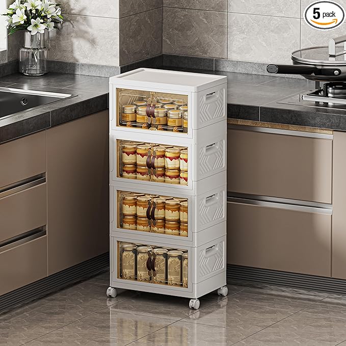 132 QT / 33 Gal Stackable Storage Bins with 1 Lid, Collapsible Plastic Organizer Cabinet with Wheels & Magnetic Doors for Closet, Home, Office – White Containers
