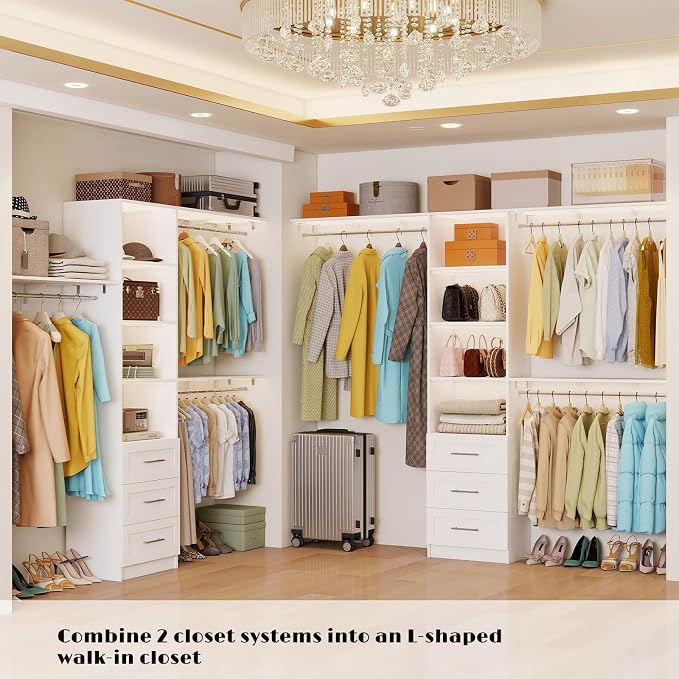 Closet System with 6 Drawers, 6FT-12FT Closet Organizer System with Cuttable Shelves Walk in Wooden Closet Storage System with 6 Hanging Rods Modular Closet, 2 Sets White