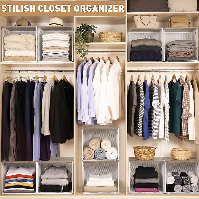 AceOrbit 3 Pcs Widened Stackable Closet Organizers and Storage with Wood Foldable Top Metal Cube Closet Shelf DIY Space Saving Linen Clothes Shoe Bed Sheet Bin for Wardrobe Bedroom(12"x12"x12", Light)