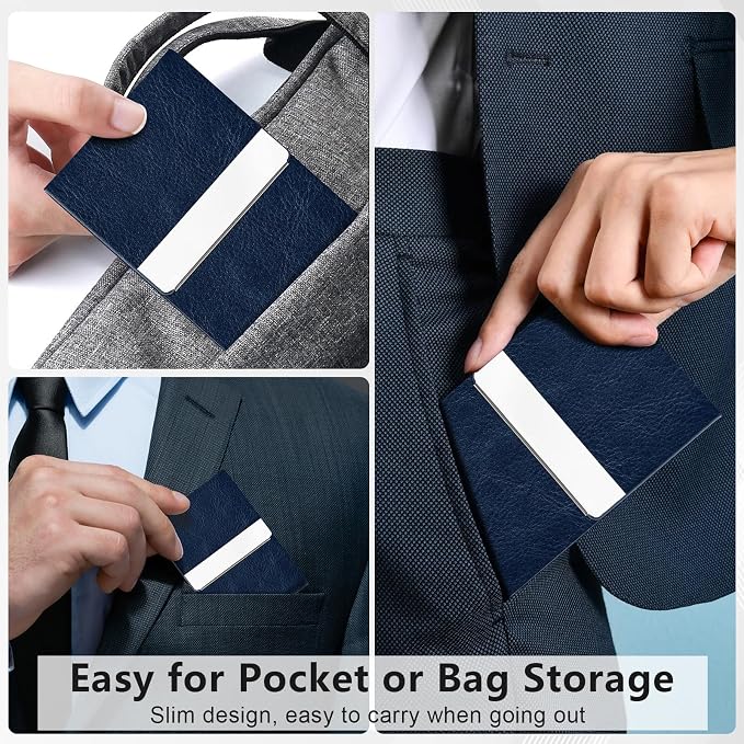 Business Card Holder with Magnetic Closure, Slim Metal PU Business Card Case for Men Women, 3.7 x 2.3 inches RFID Blocking Credit Cards Holder for Pocket or Bag Storage, Dark Blue