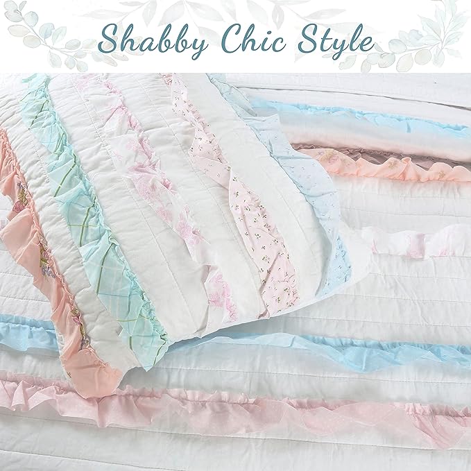 Cozy Line Home Fashions Light Pink Blue Coral White Ruffle 100% Cotton Reversible Girl Quilt Bedding Set, Reversible Coverlet Bedspread (Shabby Chic, Queen - 3 Piece)