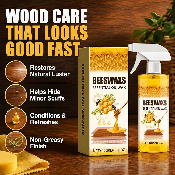 Beeswax Wood Polish Spray, Beeswax Essential Oil Wax, Deep Restore Furniture Cleaner for Cabinets, Hardwood Floors, Tables & All Wood Surfaces, Non-Greasy Formula (1)