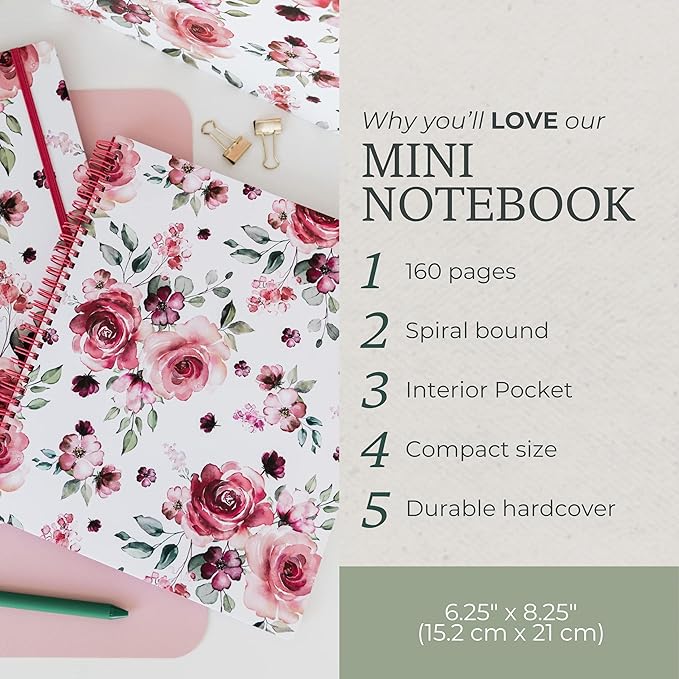 Steel Mill & Co Cute Mini Spiral Notebook, 8.25" x 6.25" Journal with Durable Hardcover and 160 Lined Pages, Rose Floral