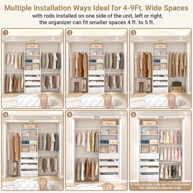 Aheaplus Closet System, 4-9Ft Closet Organizer with 4 Wooden Drawers, Wood Closet Organizer System with Tower, Walk-in Closet Organizer Wardrobe Clothes Rack with 4 Hanging Rods, Garment Rack, White
