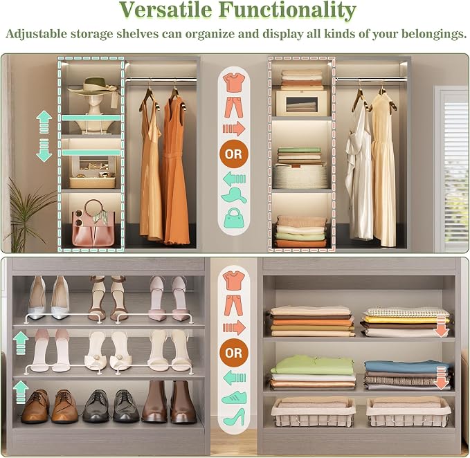 Besiost Closet System, 4.2–8.8 FT Closet Organizer with 2 Wooden Drawers and Shelves, Walk-in Closet System with 5 Hang Rods, Built-in Reach in Closet Tower, Can Fit 60 to 96 inch, Morandi Grey