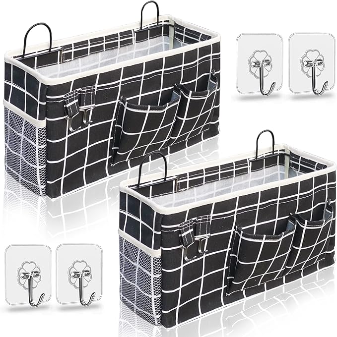 Kanrichu 2pcs Large Wall Hanging Organizer Bag, Linen Fabric Door Hanging Storage Baskets with Pockets, Waterproof Bin for Kitchen, Bedroom, Office, RV Camper (Black)