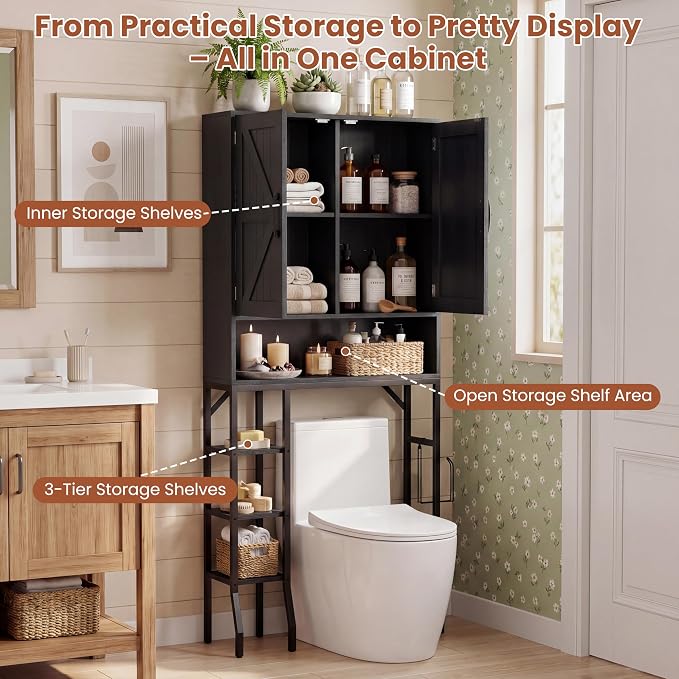 31" Over The Toilet Storage Cabinet with Barn Door,Bathroom Organizers and Storage with Adjustable Shelves, Farmhouse Over Toilet Organizer for Bathroom,Restroom,Laundry,Black