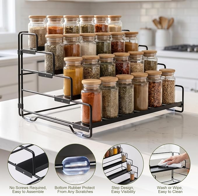 Spice Rack Organizer for Cabinet, Tiered Adjustable Spice Shelf Organization, Metal Seasoning Rack for Kitchen Countertop Cupboard Pantry, Raised Edge Anti-Slip Design for Jars and Bottles