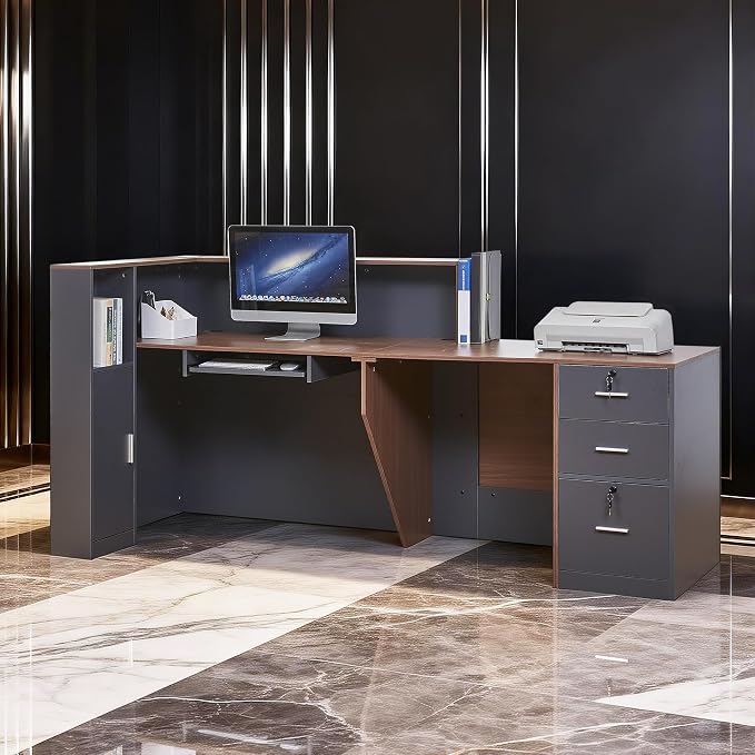 L-Shaped Reception Desk,Large Front Desk with Keyboard Tray, Lockable Drawers & File Cabinet, Receptionist Desk for Checkout,Lobby (Right L-Walnut/Slate Gray, 86.6''L x 23.6''W x 41.3''H)