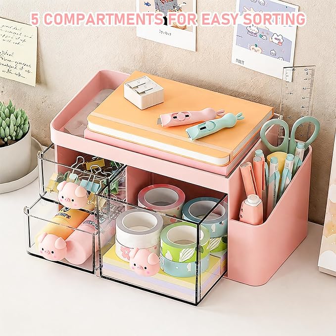 SAYEEC Desk Organizer with 3 Drawers Multi-Functional Makeup Organizer with 5 Compartments Plastic Pencil Pen Holder Desktop Storage Box Desk Accessories Caddy for Vanity Office Home Art Supplies Pink