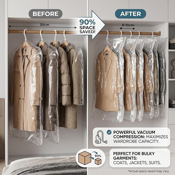 Vacuum Storage Bags, Hanging Vacuum Storage Bags for Clothes, Space-saving Closet Organizer, 6 Pack 27.56x57.09 Inch..