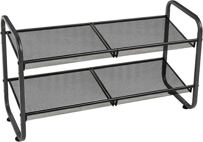 2 Tiers Metal Shoe Rack for Entryway Closet Hallway Bedroom Garage | Shoe Storage Organizer, Mesh Shoe Shelves, Freestanding, Stackable, Adjustable, Rustproof Black