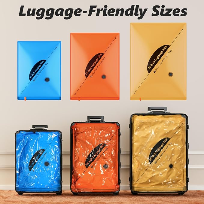 SUOCO 10 Pack Vacuum Seal Bags for Clothing Travel with Wireless Pump, 3 Sizes (20/24/28 Inch) Compression Packing Cubes for Luggage Suitcase