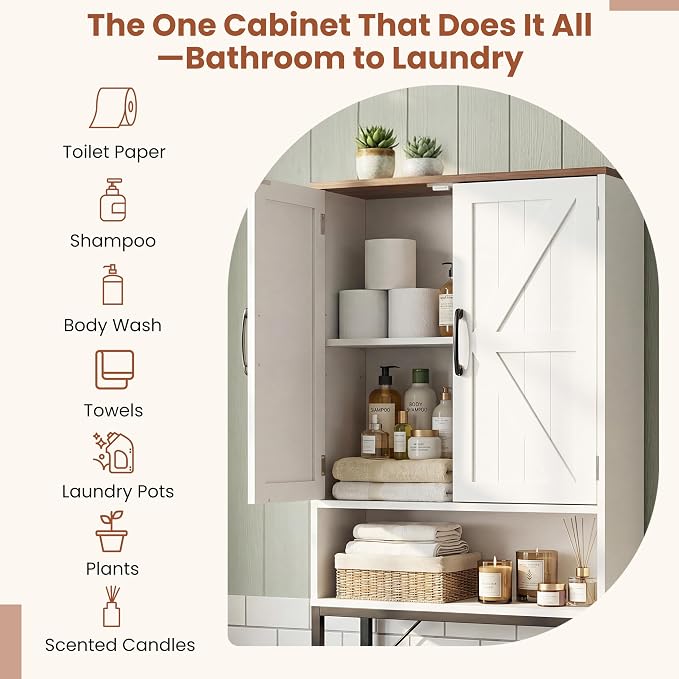 23.6" Over The Toilet Storage Cabinet with Barn Door,Bathroom Organizers and Storage with Adjustable Shelves, Farmhouse Over Toilet Organizer for Bathroom,Restroom,Laundry,White