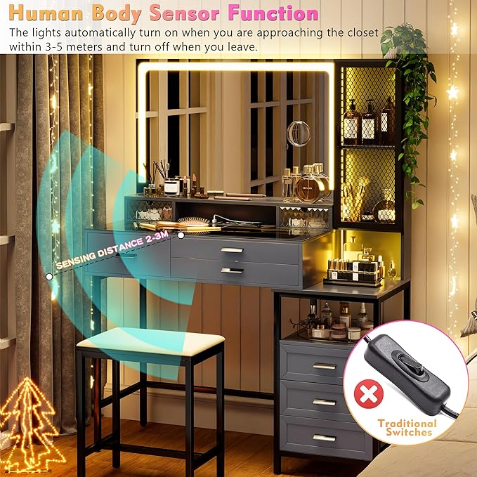 Lvifur RGB Makeup Vanity Desk with Wireless Charging Station,7 Dynamic & 24 Static Dimmable Vanity Table Set with Glass Top,Human Sensor LED Vanities with Mirror and Lights,6 Drawers,Stool