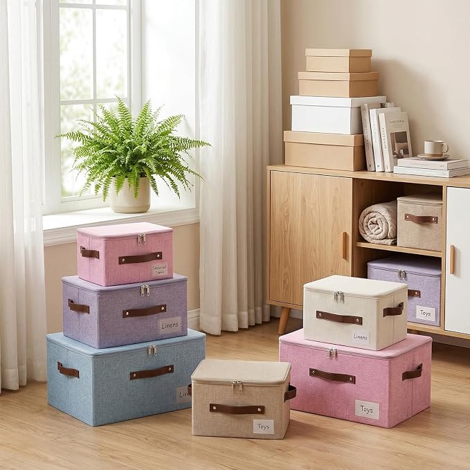 ANMINY Fabric Storage Box Bins with Zipper Lid, Washable Pink, 3PCS | Cotton Linen Fabric, PP Board Frame, Label Holder, Stackable & Foldable, PU Handles, Dual-Zipper 3-Side Open Lid, Medium