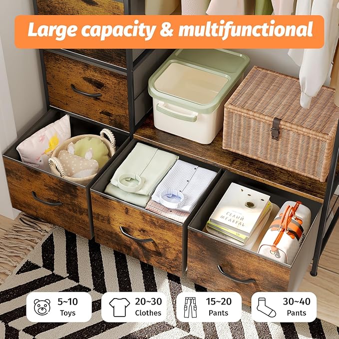 Clothing Rack with Fabric Drawers & LED Lights, 39.4W*57H Dresser with Hanging Rack, Free Standing Wardrobe Closet with Shelves, Closet Organizer with Drawers for Bedroom, Small Space, Apartment