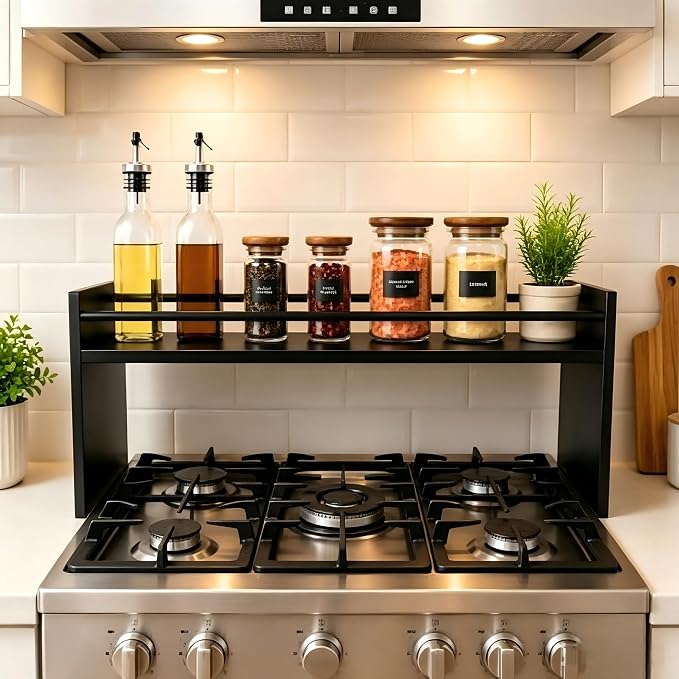 Ekisemio 32.5" Wooden Spice Rack Shelf for Kitchen Stove, Black | Solid wood top | Steel side tubes | 50 lb capacity | Raised front edge | Easy assemble | Wipe clean