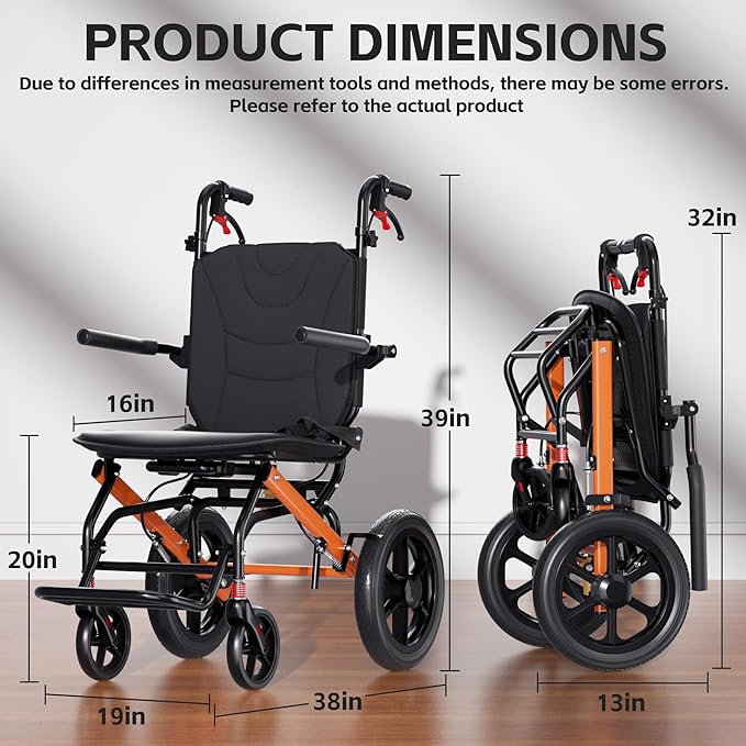 Wheelchairs for Adults,Transport Wheelchair Lightweight Foldable with Removable Cushion,Ergonomic Transfer Chair with 12-inch Rear Wheels for All Terrains,Travel Wheelchair