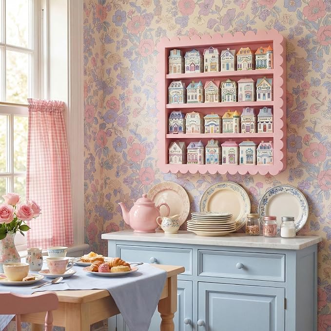Chunful Spice Jar Wooden Rack Pink Sweet Scalloped Spice Shelf for 24 Jars, Village Style Wall Mounting Kitchen Storage Decorative Hanging Display Rack, Shelf Only(18.5 x 15.7 Inches)