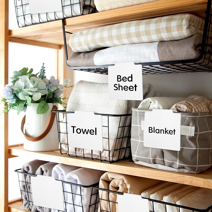 Siifert 50 Pcs Basket Labels Clip Set for Storage Bins Include Removable PVC Bin Label Holders with Chalk Markers for Kitchen Pantry Organization Labeling Box Shelf 48+2 96+4 (White)