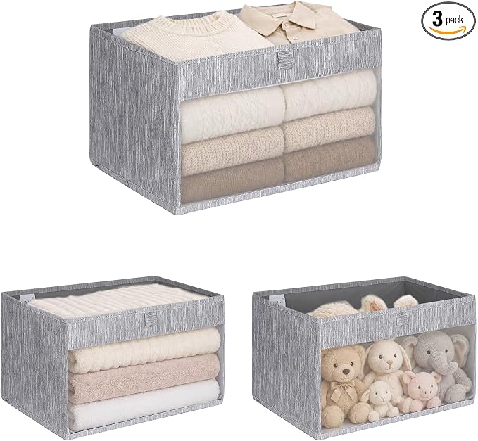 WUIKE Closet Storage Bins with Clear Window, Fabric Organizer Baskets with Handles, Foldable Linen Closet Organizers and Storage for Shelves, Light Gray, Large, 3 Pack