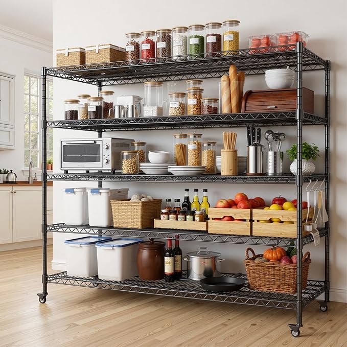 AIRAJ 55”W Storage Shelves Heavy Duty | Rolling Wire Rack with Wheels | 5 Tier Wire Shelving | 3250 LBS Metal Shelving | Garage Shelving Units and Storage | Adjustable Layer Height | 55”W×18”D×73”H