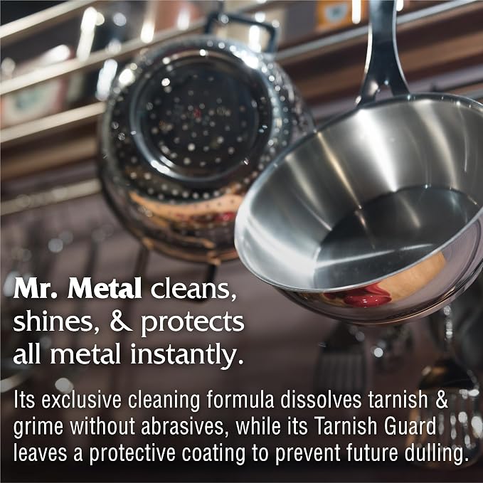 Mr. Metal Metal Polish Liquid, Multipurpose Cleaner, Tarnish Remover, 8 oz | Non-Abrasive, For Sterling Silver & Silverplate, Brass, Copper, Stainless Steel, Pewter & Chrome, Removes Tarnish Fast