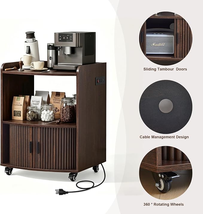 Bifins Coffee Bar Cart for Home, 3 Tier Rolling Serving Carts with Wheels | Coffee Cart with Removable Metal Brackets and Sliding Doors,Mobile Liquor Sideboard Cabinet for Home Bar, Kitchen