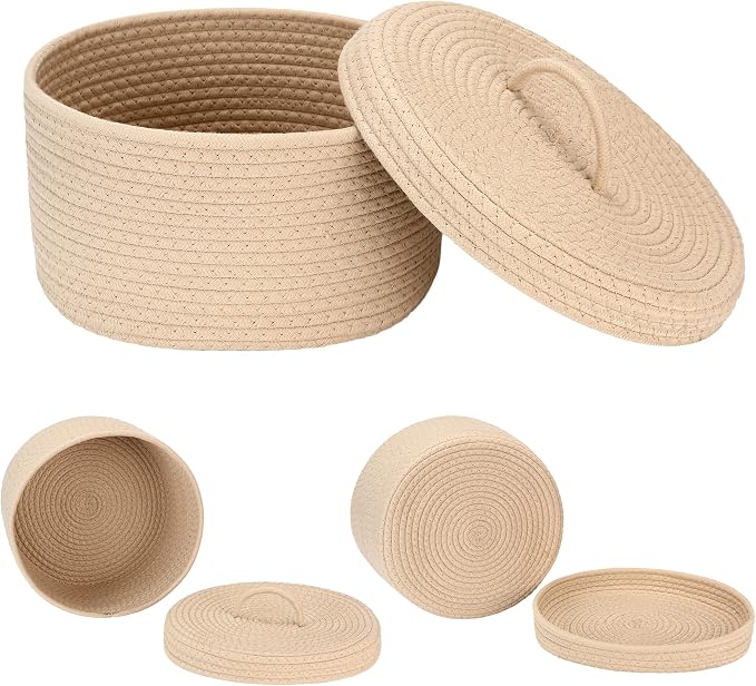 Sea Team Round Cotton Rope Storage Basket with Lid, Lidded Woven Storage Bin, Nursery Storage Container, Diaper Caddy, Baby Shower Basket, Box, Organizer, 11.8 x 11.8 x 6.7 Inches (Medium, Khaki)